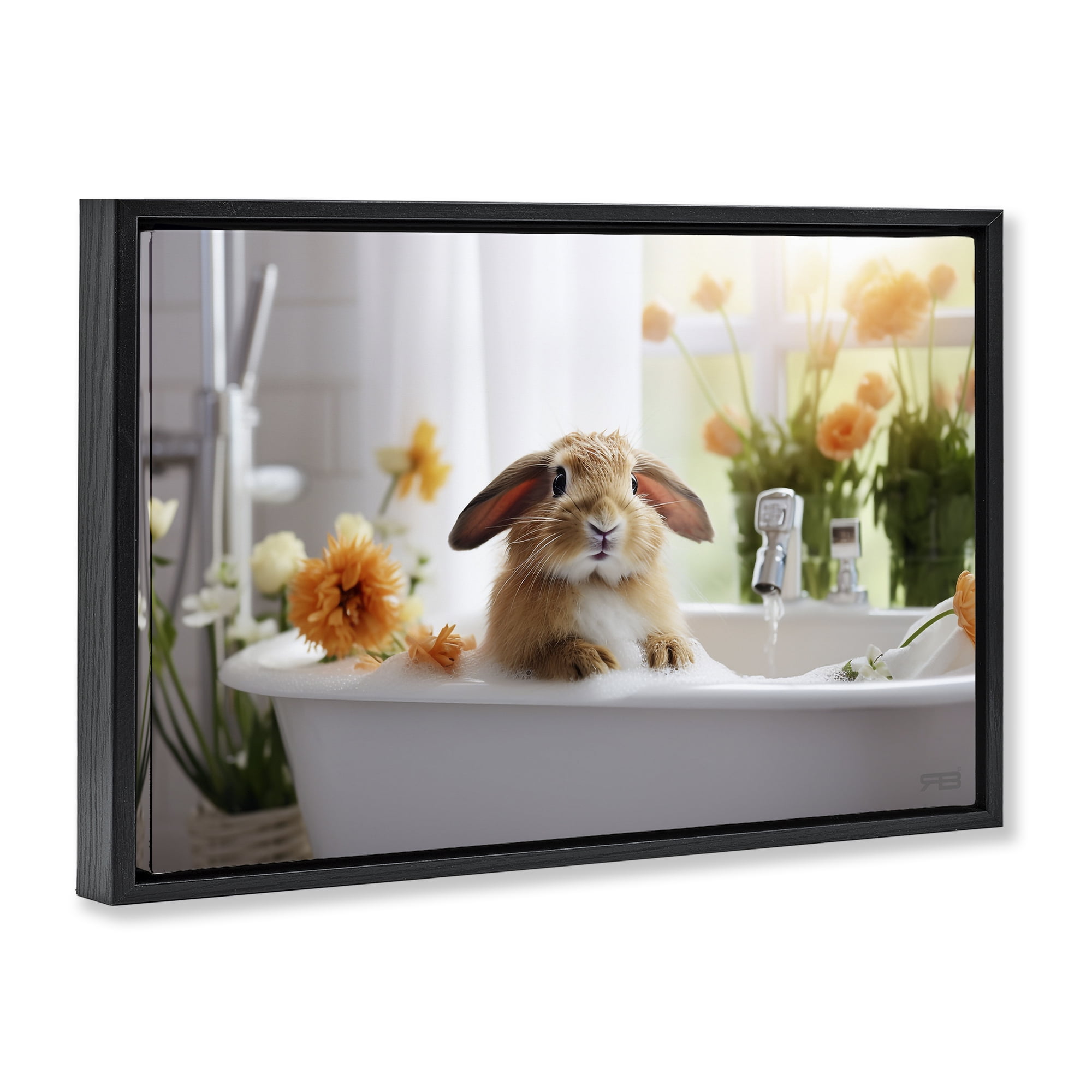 Stupell Industries Bathing Baby Bunny Typography Painting Black Floater Framed Canvas Art Print Wall Art, 25 x 17