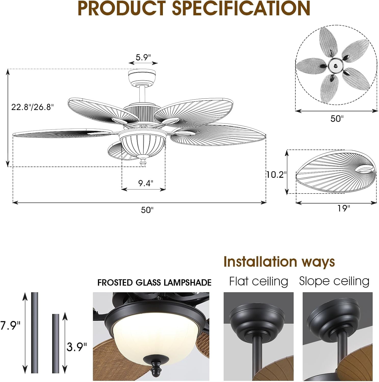 50 Inch Tropical Ceiling Fan with Light & Remote Control, Waterproof Palm Leaf Ceiling Fan for Patio, Porch, Gazebo, Outdoor, 6 Speeds, Quiet Operation, LED Light, Wet Rated, Brown with Glass, 41W