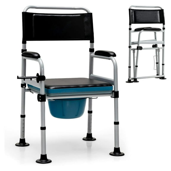 Folding Commode Chair, Height Adjustable Shower Chair w/Large Commode Bucket, Padded Seat, Backrest, Towel Holder, Heavy Duty Bedside Commode for Elderly Rehabilitating People, 440 LBS