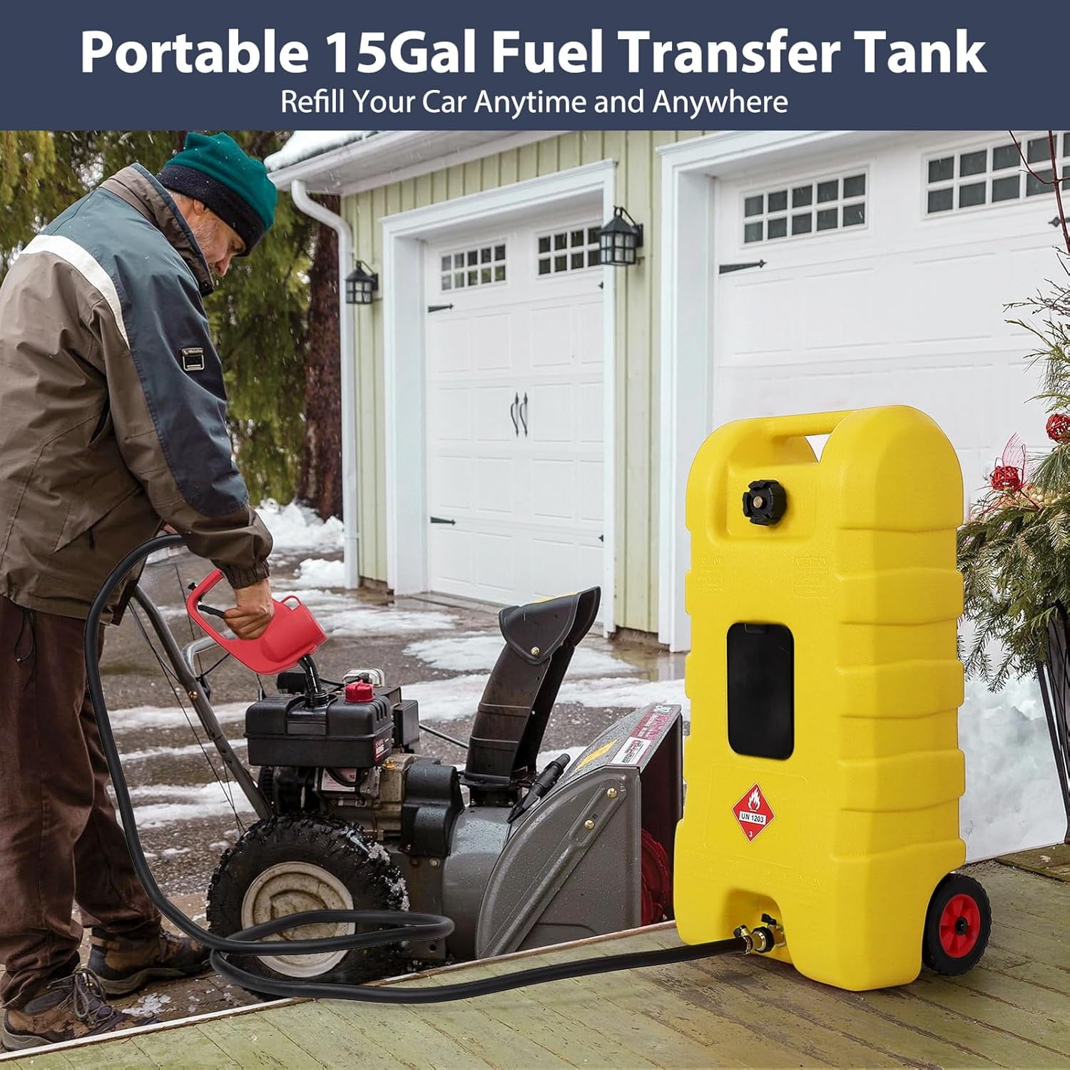 Riedhoff 15.06 Gallon Portable Gas Can, Fluid Transfer Siphon Pump & 10' Delivery Hose, Yellow