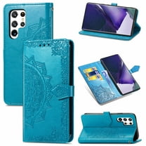 Mandala Case for Samsung Galaxy S25 Ultra, Premium Leather Flip RFID Blocking Wallet Card Magnetic Stand Protective Slim Shockproof Case with Lanyard, Embossed Flower Cover,Blue