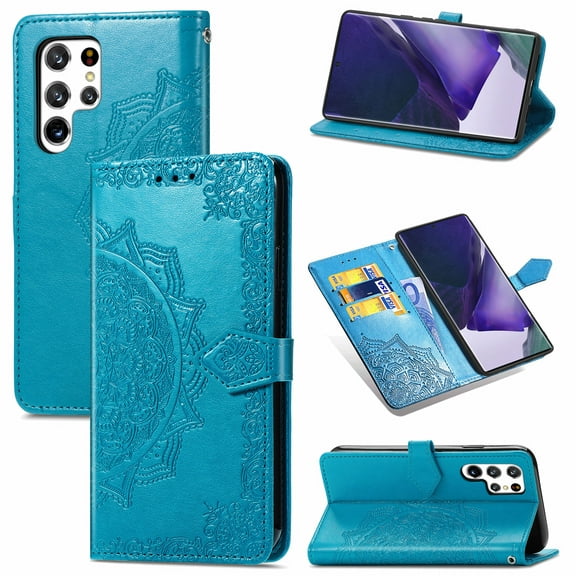 Embossed PU Leather Wallet Phone Case for Samsung Galaxy S23 Ultra 6.8 inch,Full Protection Magnetic Clasp Flip Stand Card Slots Shockproof Protective Cover with Hand Strap,Blue