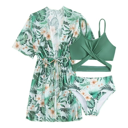 Coerni Girls Swimsuit 3 Piece Tropical Print Bikini Set riss Coss Cute Bathing Suit with Quick Dry Cover Up Kids Swimwear