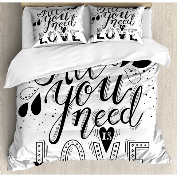 All You Need Is Love Duvet Cover Set King Size, Monochrome Hand Lettering Design with Dots and Leaves Floral Design, Decorative 3 Piece Bedding Set with 2 Pillow Shams, Black White, by Ambesonne