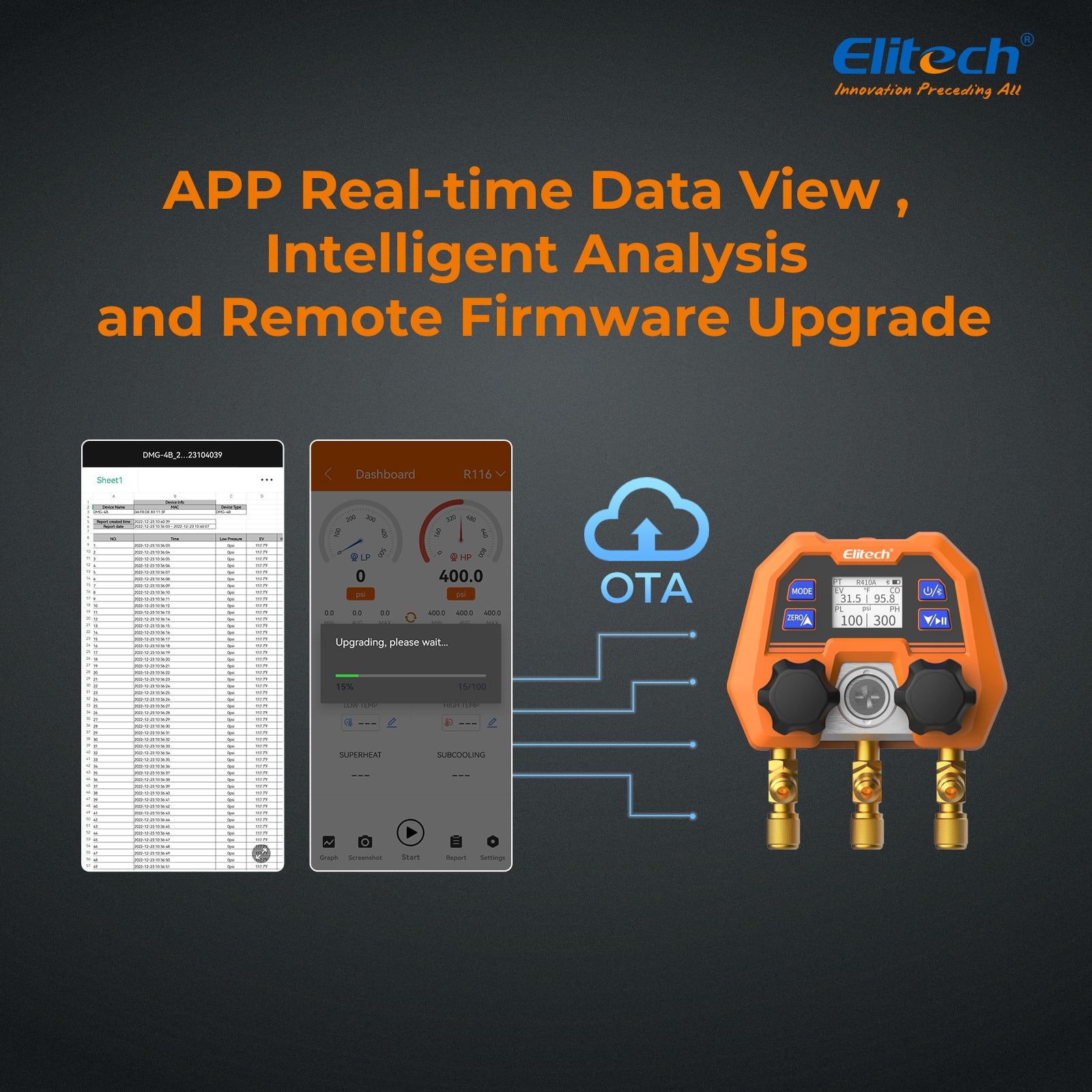Elitech DMG-4B Digital Manifold Gauge, App Operated HVAC Gauges for Air Conditioning Systems and Heat Pumps, A/C Diagnostic Manifold Gauge