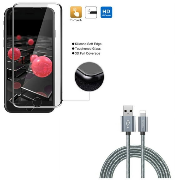 iPhone 8/7/6S/6 - Charger Cord 6ft USB Cable w Tempered Glass Screen Protector - Power Wire Braided Long Sync, 3D Curved Edge Full Cover HD Clear 9H Hardness for iPhone 8/7/6S/6