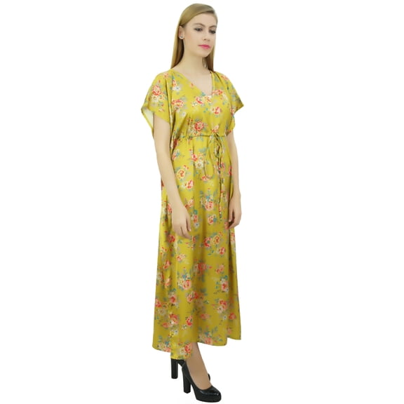 Bimba Women's Long Satin Maxi Drawstring Floral Kaftan Kimono Yellow Gown - 12
