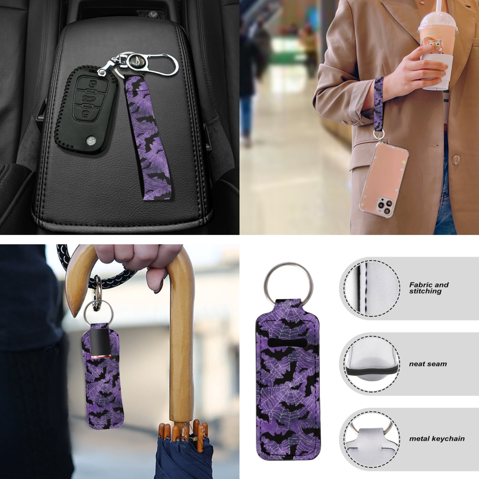 Yuyamidu Bat Car Seat Covers Full Set Purple Cobweb Steering Wheel Cover Safe Belt Pads Center Console Cover Lip Balm Pouch Coasters Keychain, Auto Interior Accessories Set of 13