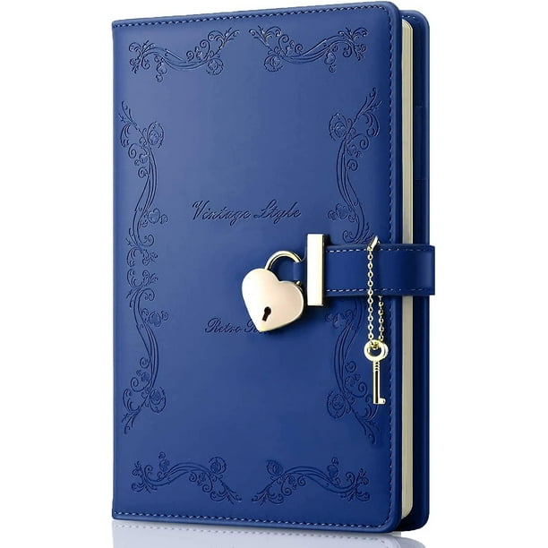 Diario para niñas con candado y llave, lindo diario con candado en forma de corazón para mujeres, cuaderno de cuero sintético vintage secreto recargable A5, regalo para niñas adolescentes - Azul