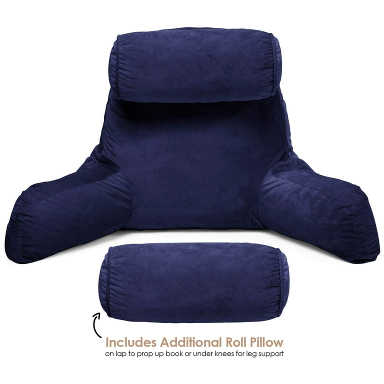 Clara Clark Backrest Reading Pillow, Back Support Pillow with Arms, Shredded Memory Foam Bed Rest Pillow, Medium, Navy Blue