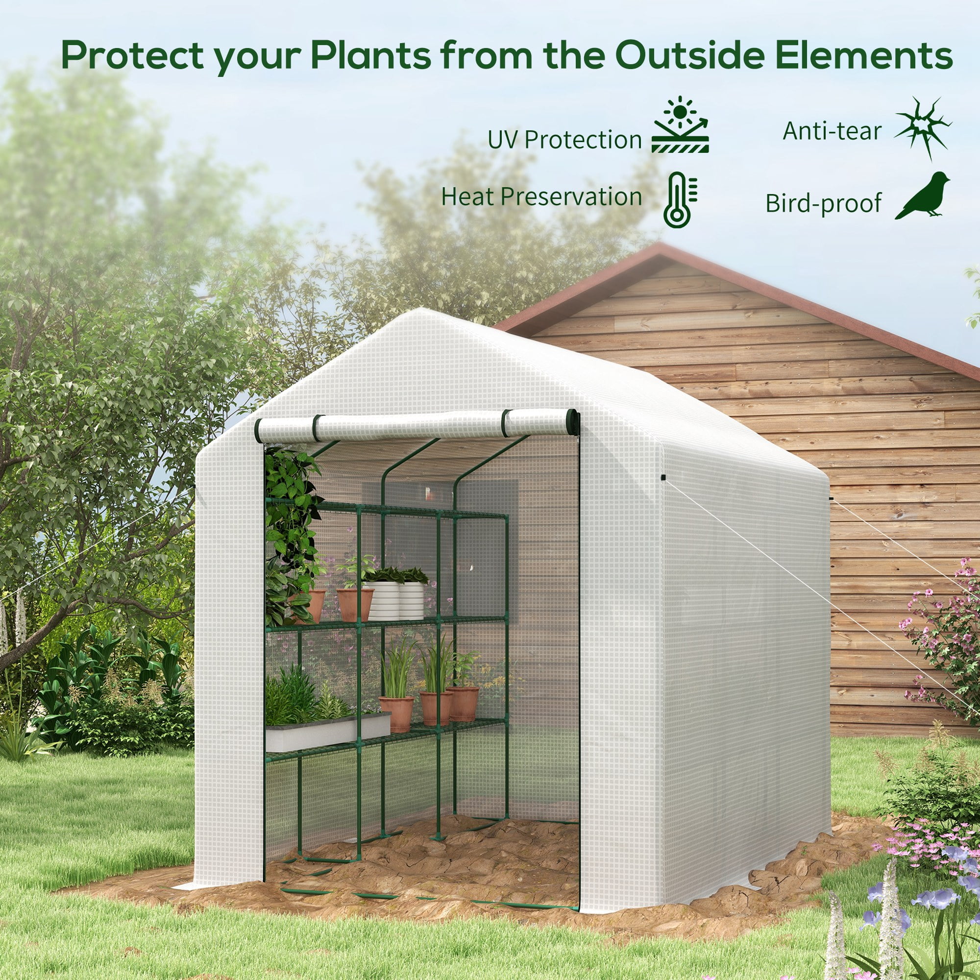 Outsunny Walk-in Greenhouse with Roll-up Zipper Door, 18 Shelves, PE Cover, Small & Portable Build, Humidity Seal, 95.25" x 70.75" x 82.75", White