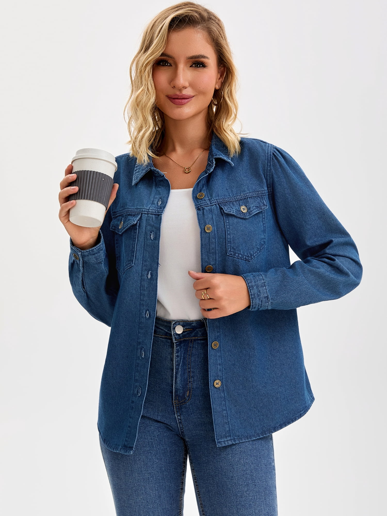 DARING DIVA Women's Long Sleeve Button Down Shirts Jackets with Pocket L Dark Blue