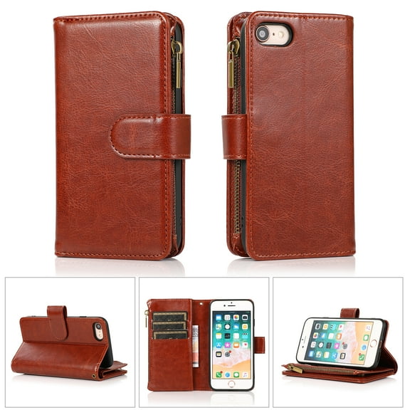 Allytech iPhone SE 2022/3rd/2020 Wallet Case, 9 Cards Holder Zipper Wallet Case for Women Men Shockproof Hand Strap Full Protective Flip Stand Case Cover for Apple iPhone iPhone 8/7 -
Brown