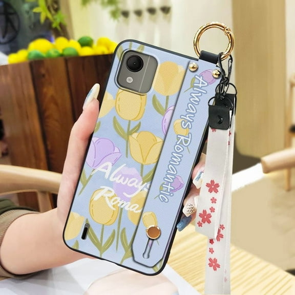 JNG-Phone Case For Nokia C110 4G, Silicone Dirt-resistant Kickstand Flower Wrist Strap Anti-knock Shockproof Wristband Ring Lanyard Oil Painting Waterproof Phone Holder Protective