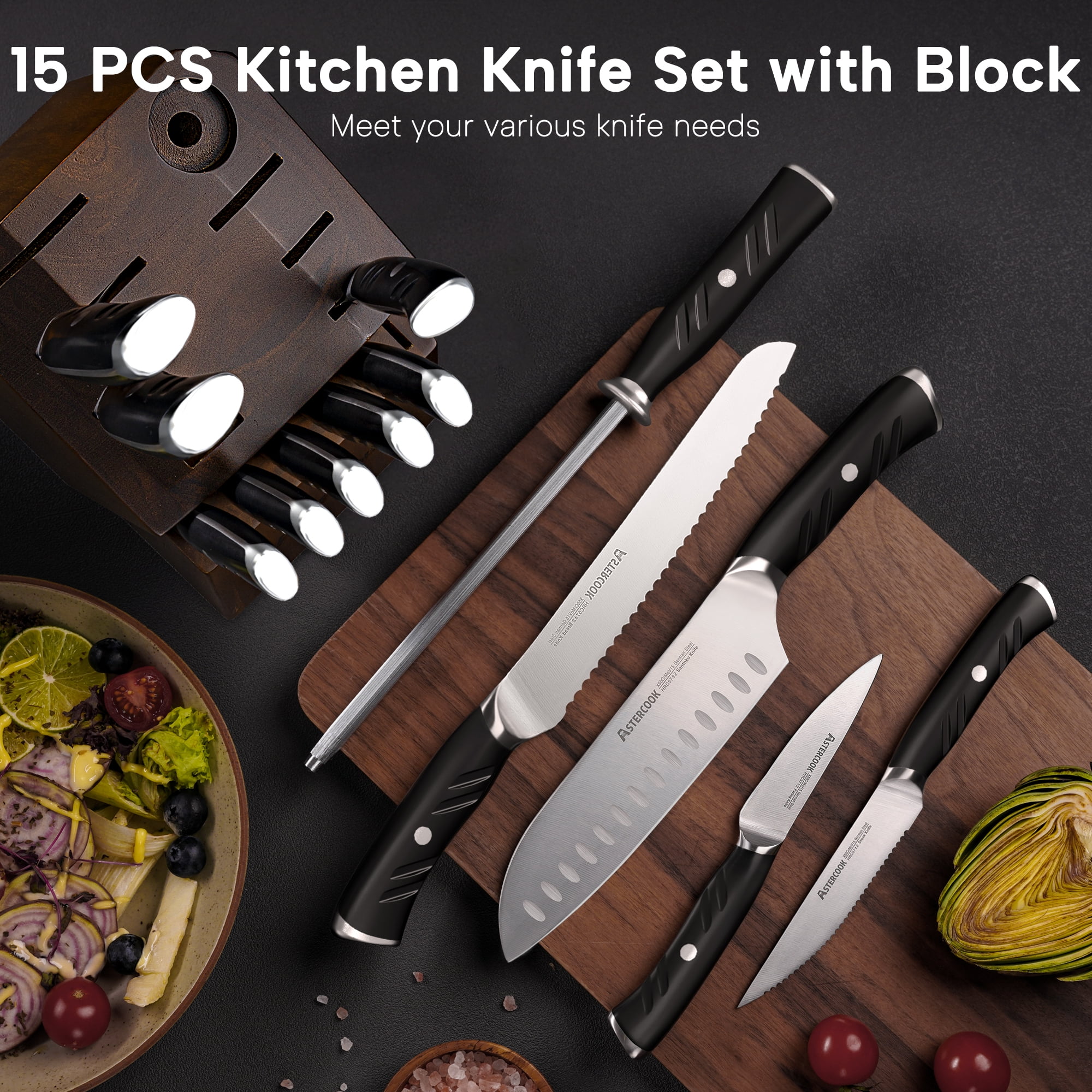 Astercook 14-Piece Kitchen Knife Set with Block & Bulid-in Sharpener, German 1.4116 Stainless Steel Knife Block Set, Full Tang Knives Sets, Anti-slip Ergonomic Handle & Dishwasher Safe Black