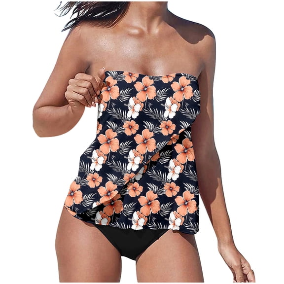 Womens Strapless Bandeau Tankini Swimsuit Removable Straps Blouson Top with Bikini Bottom summer printed Swimwear Beach Bathing Suits