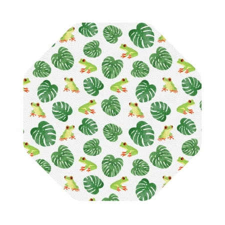 

Pofeuu Frogs And Tropical Leaves Print Leather Coasters Set of 6 Round Cups Mugs Mat Pad for Home Kitchen Heat Resistant Drink Coasters Octagon