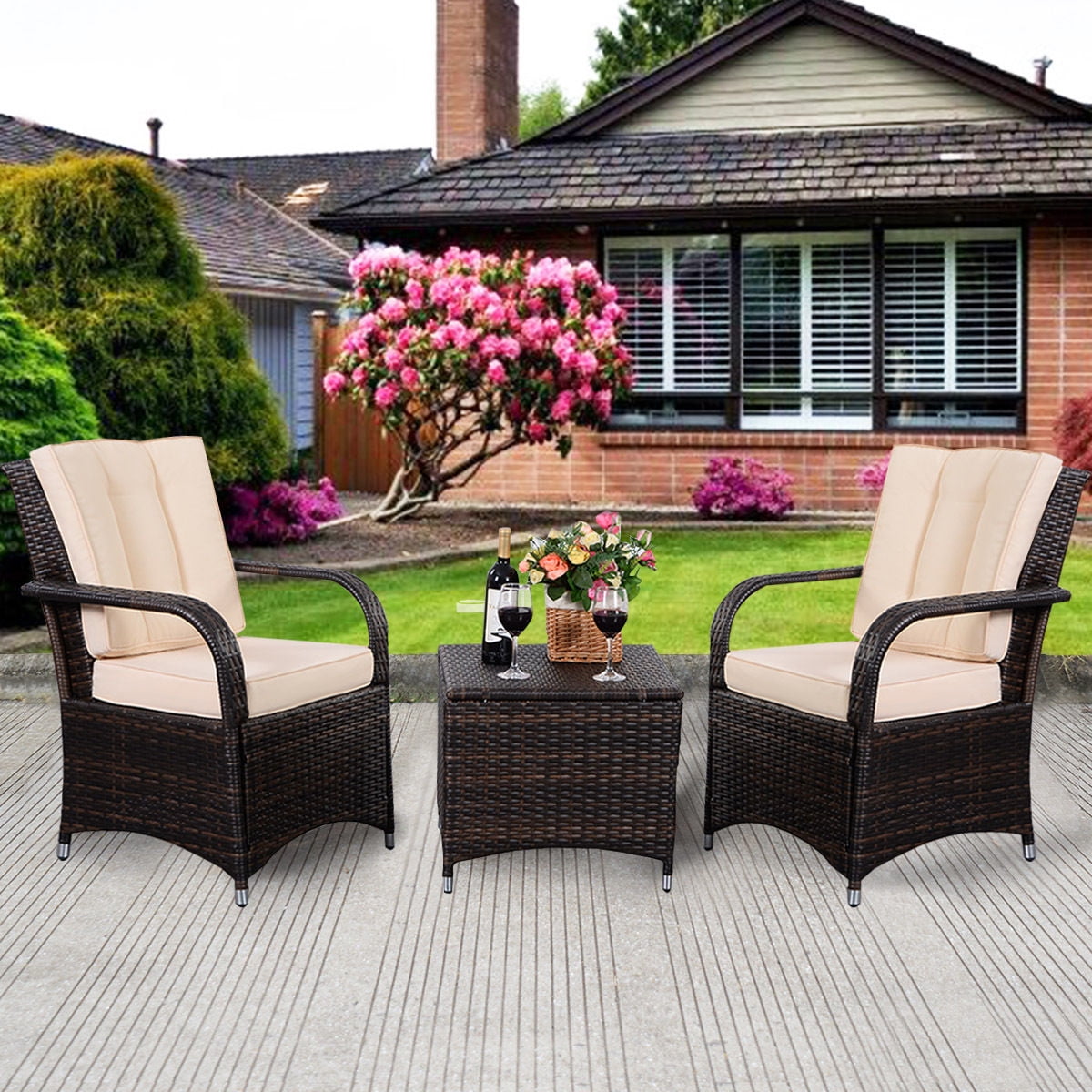 Costway 3 PCS Outdoor Patio PE Rattan Wicker Furniture Set Seat Cushioned Mix Brown by Costway