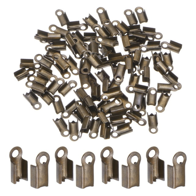 Uxcell 100pcs Fold Over Cord Ends 3mm Brass Crimp Cap Clasp Tips for DIY Leather Ribbon Craft Making, Bronze