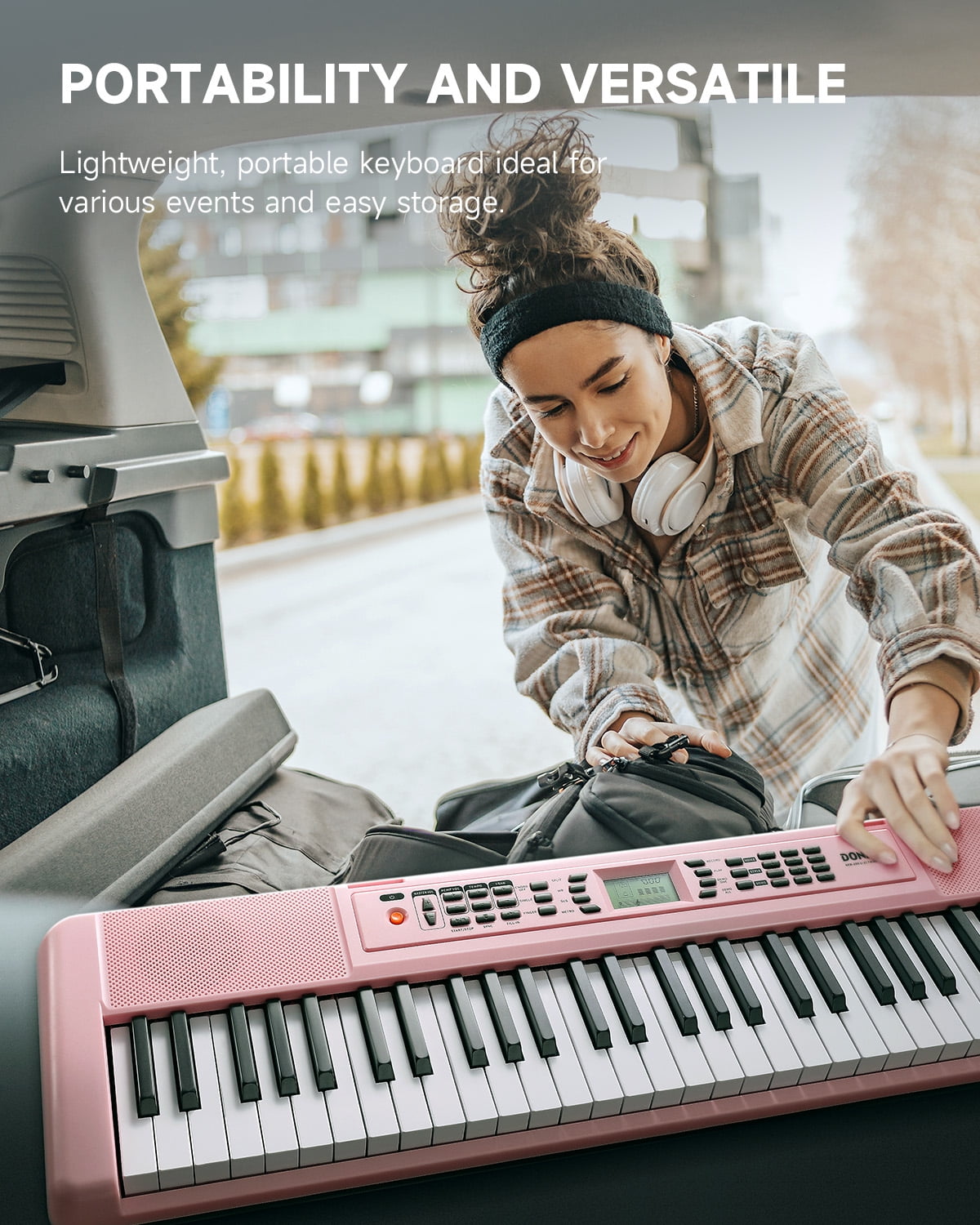 Donner DEK-200 61 Key Piano Full-Size Electronic Keyboard Set, Dual Keyboard, Auto Accompaniment, Metronome, Record, Includes 300 Tones and Rhythms, with Stand, Bench, Microphone, Pink