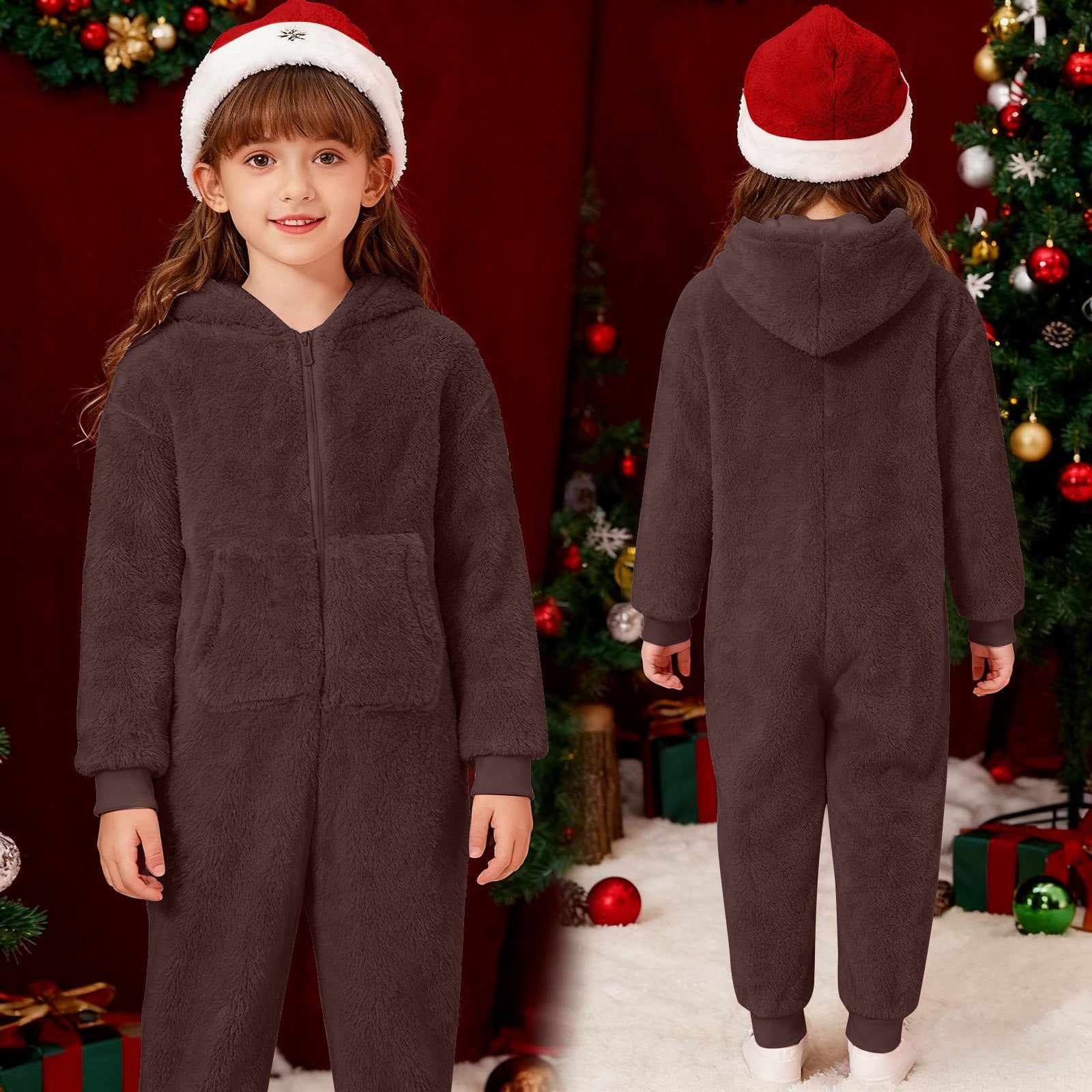 Tiweut Kids Onesie Pajamas Jumpsuit Boys Girls Warm Sherpa Lined Romper Zipper Hooded Cute Playsuit Sleepwear,Brick Red,5Y