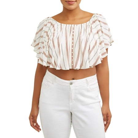 - Women's Plus Size Scoop Neck Flutter Sleeve Blouse