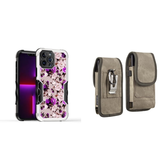 Case and Pouch Bundle for iPhone 14: Heavy Duty Armor Rugged Case (Purple Pink Flowers) and Vertical Rugged Denim Nylon Belt Holster (Brown)