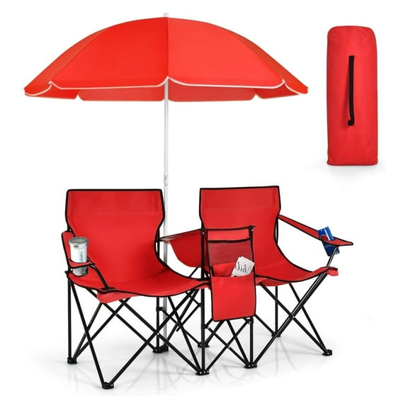 Double Camping Chair, Folding Camp Chair with Removable Umbrella, Cup Holders, Cooler Bag, Side Pocket & Carry Bag, 2-Person Beach Chair for Outdoor, Sports, Concerts, Travel, Picnic (Red)