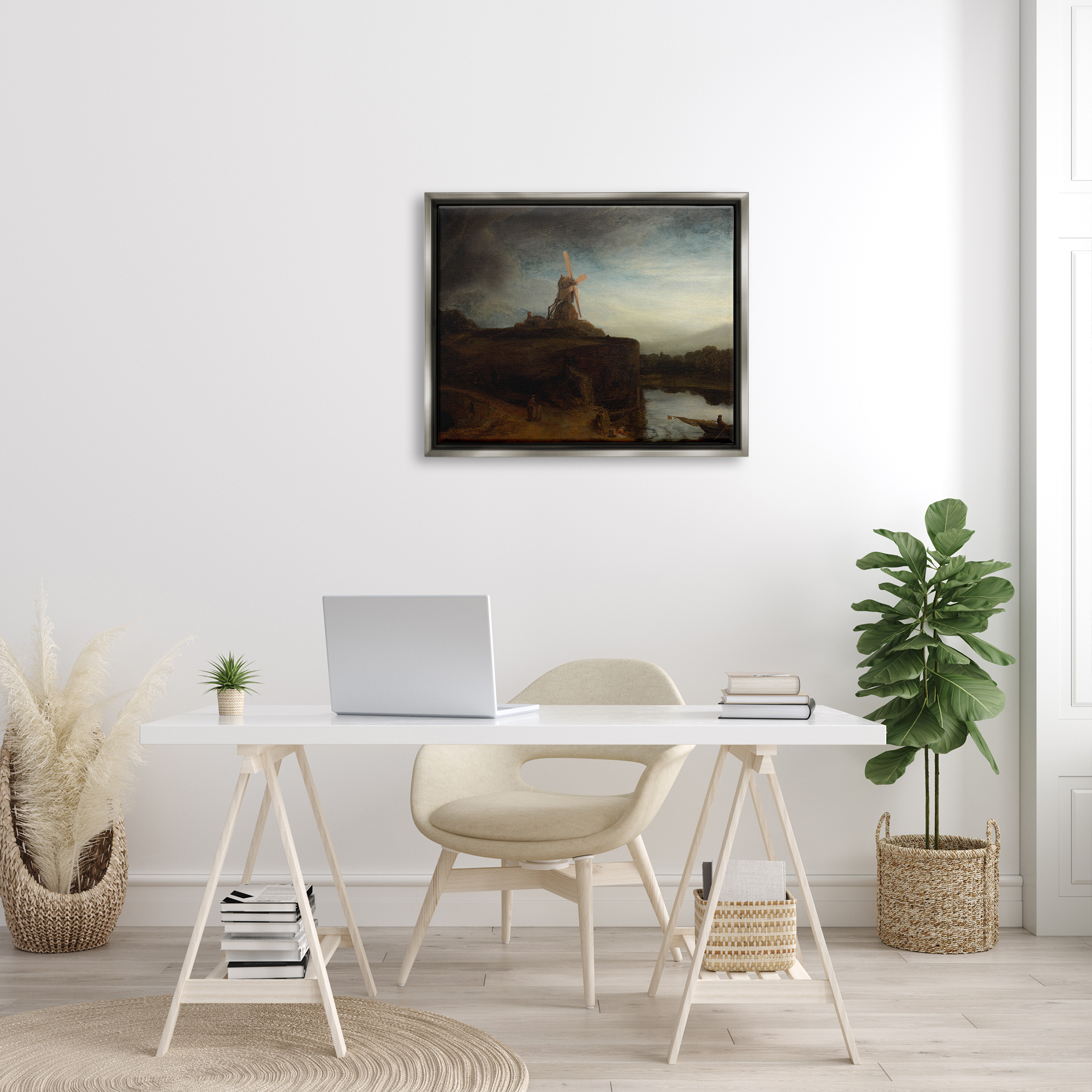Stupell Industries The Mill Rembrandt van Rijn Classical Landscape Painting Painting Luster Gray Floating Framed Canvas Print Wall Art, Design by one1000paintings