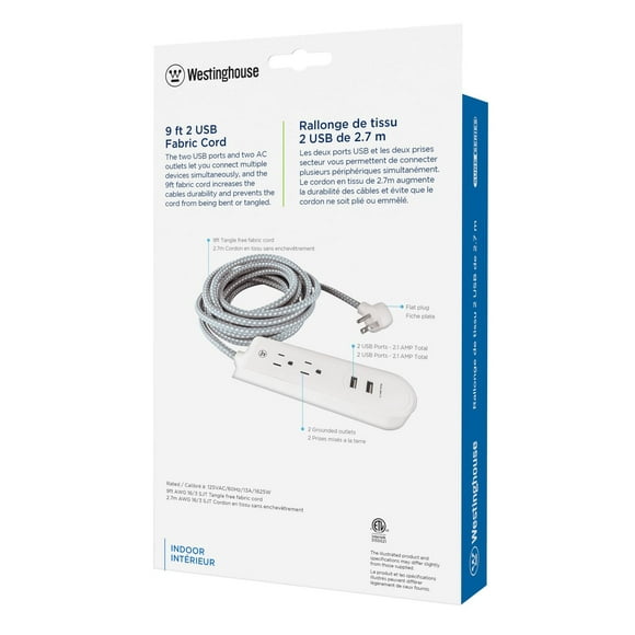 Westinghouse 9Ft Fabric 2-Out + 2 USB Strip