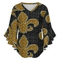 thumbnail image 5 of Black And Gold Fleur De Lis Women's V-Neck Blouse With 3/4 Ruffled Bell Sleeves Casual Top Ladies Blouses, 5 of 7