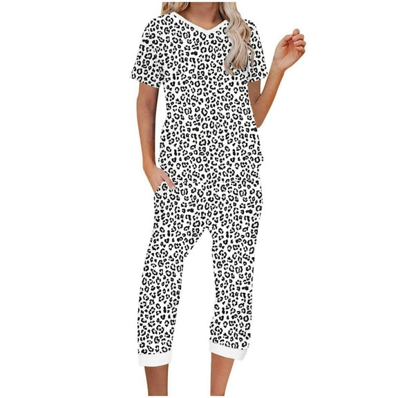 Tnhcen Elegant Printed Pajama Set Women's V-Neck Short Sleeve Blouse Cotton Capri Pants with Side Pockets​ S-2XL