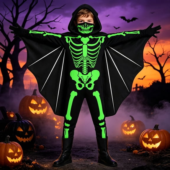 Gunia Kids Boys Halloween Bat For Boys Girls Glow In The Dark Skeleton Cosplay Role Play Dress Up Outfits Stage Performance Holiday Party Wear,Black