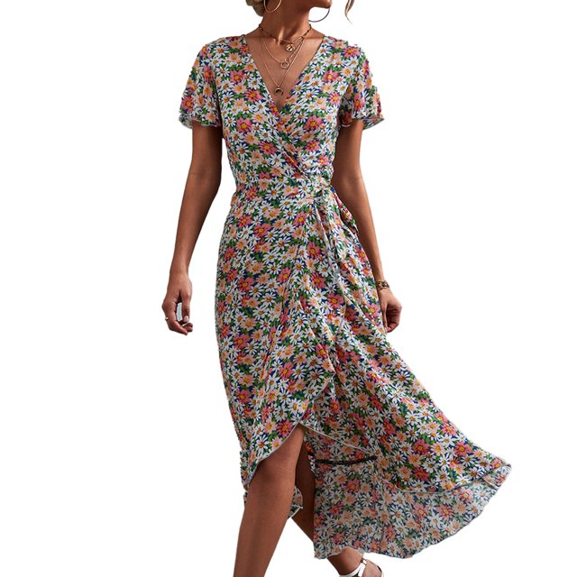 Vestido cruzado floral para mujer, cuello en V, cintura, cinturón, manga con volantes, dobladillo asimétrico, vestido largo de verano, azul, rosa, L