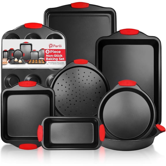 YANGLI Non-Stick 8-Piece Baking Pan Set, Carbon Steel with Silicone Handles, Oven Safe