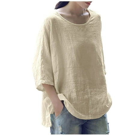 Tops for Women Casual Summer 3/4 Sleeve for Seniors Cotton Linen T Shirts Plus Size Loose Fit Tunic Solid Pullover