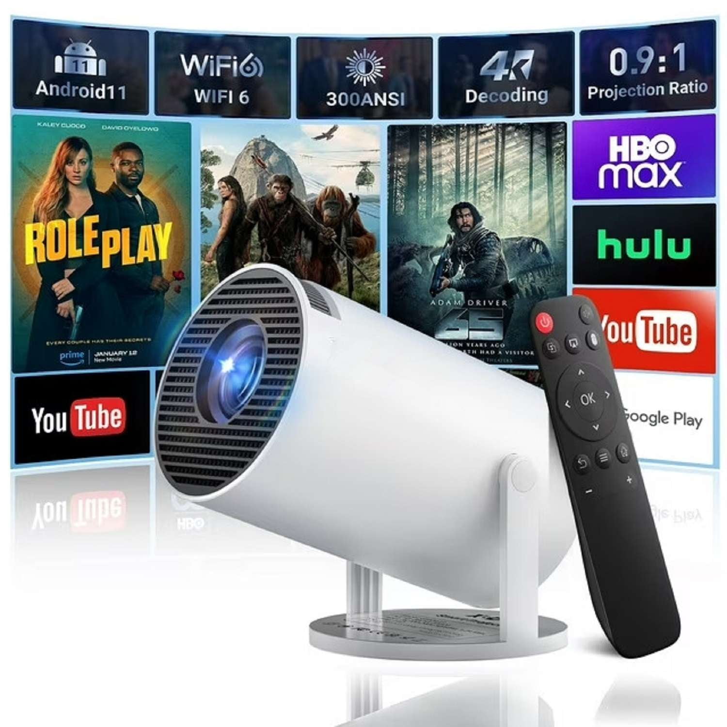 HY300 Smart Android Mini Projector, 5G WIFI 6, Max 4K