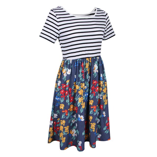 Tachiuwa Robe T-Shirt à Manches Courtes à Rayures Florales Col Rond Taille Haute pour Femmes - 1, TG