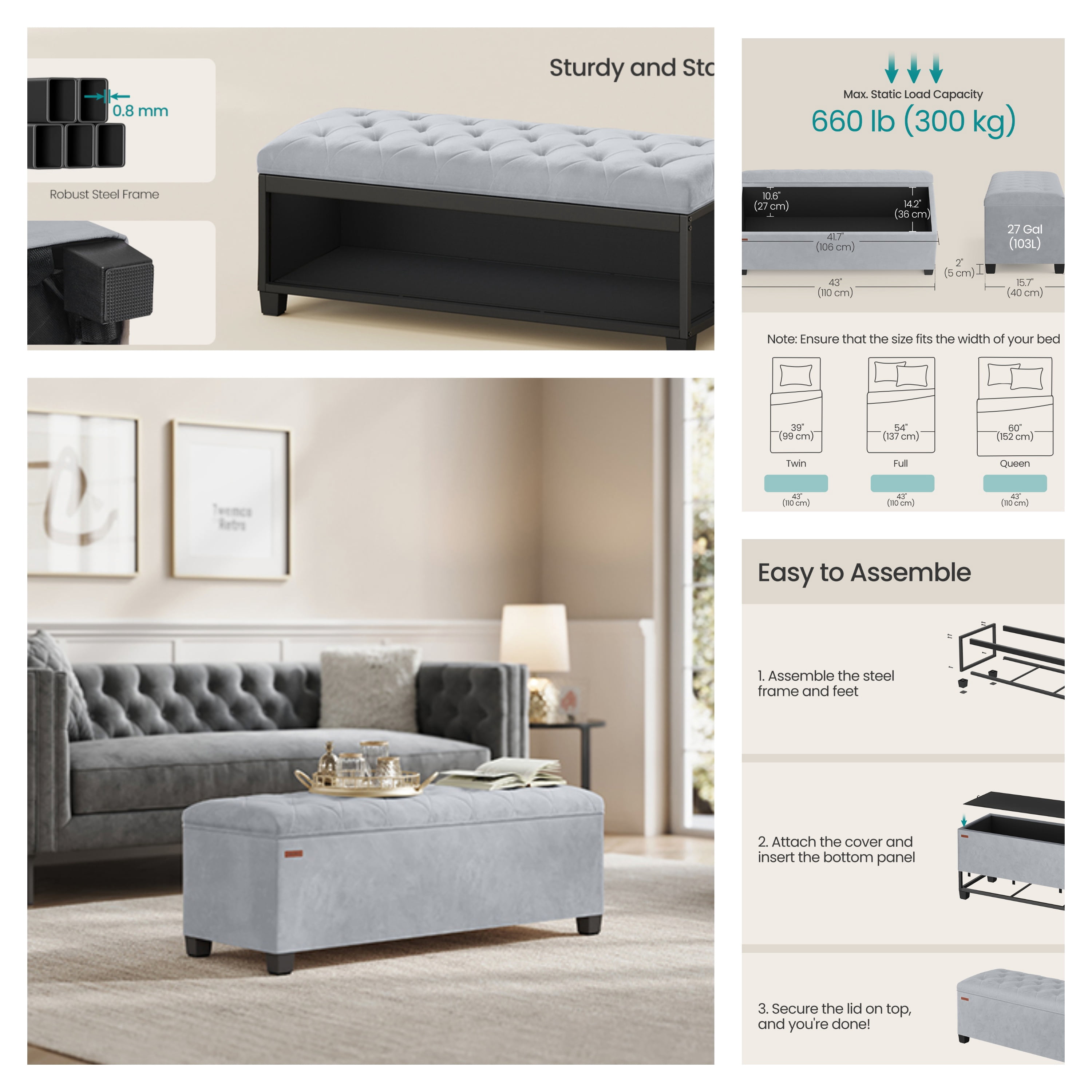 LEDREM 43-Inch Velvet Storage Ottoman Bench with Removable Cover, 660LB Capacity Multi-Functional Footrest for Living Room & Bedroom, Dove Gray