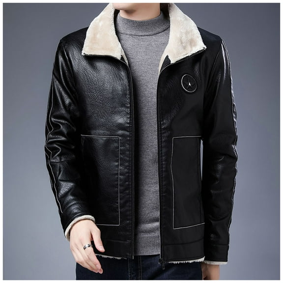 Men’s Faux Fur Leather Jacket Autumn Winter Fleece Lined Coat Vintage Bomber Jacket Zip-Up Motorcycle Bomber Jacket Casual Tops Coats For Men Up to 65% off Clear!Clearance!!!