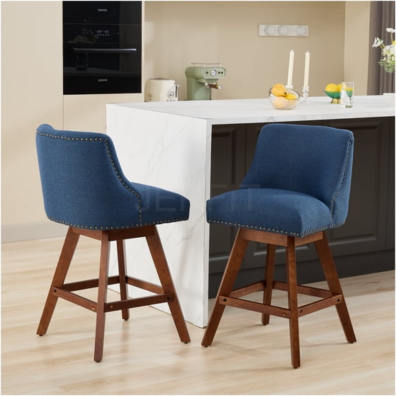 JERFIT 360 Swivel Bar Stools Set of 2, Upholstered Counter Height Barstools with Padded Seat and Back, Blue Fabric and Wood Frame for Kitchen Island, Dining Room