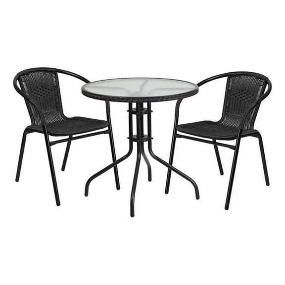 Bowery Hill 2 Piece Rattan/Glass Round Patio Dining Set in Black