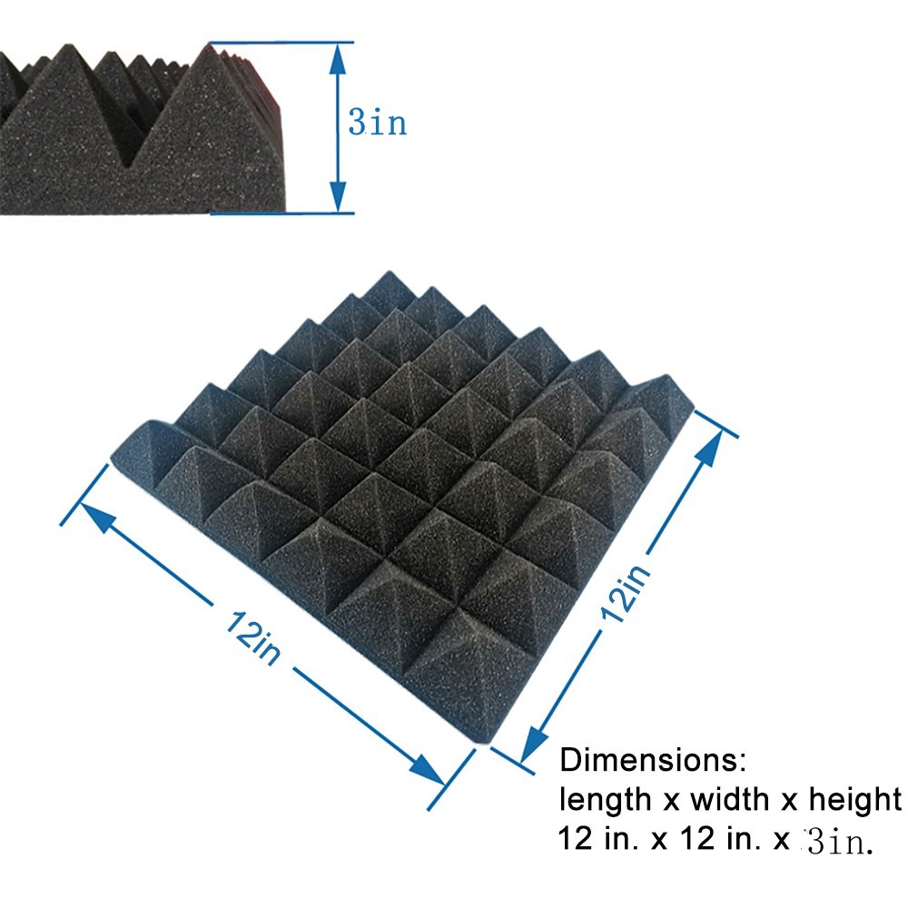 Sound Absorbing Noise Dampening Acoustic Panel Wall Treatment 3" x 12" x 12", Black Pyramide, 12-pack