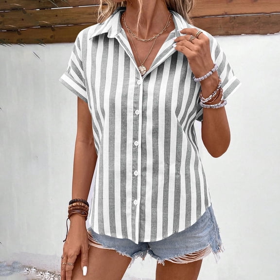 SKIYLEVZ Women's Short Sleeve Button Down Shirt Striped Collared Blouse Casual Loose Fit Tunic Top for Summer & Daily Wear Lightweight Breathable Black L