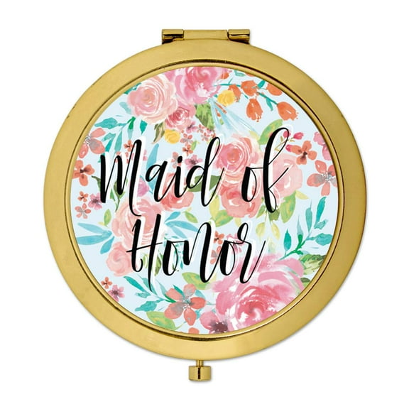 Koyal Wholesale Compact Mirror Maid of Honor Wedding Gift, Gold, Tea Party Pink Floral Flowers, 1-Pack