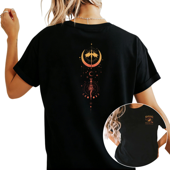 Women's Gradient Orange Dragon Sword Moon Phase Graphic T Shirt Fantasy Dragon Rider Print Short Sleeve Round Neck Top Black S-5XL