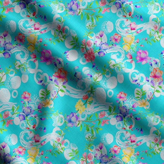 Soimoi Watercolor Floral Print, Silk Fabric, Decor Sewing Fabric By The Yard 42 Inch Wide,Decorative Fabric For Shirts, Suits, Ties, Blue