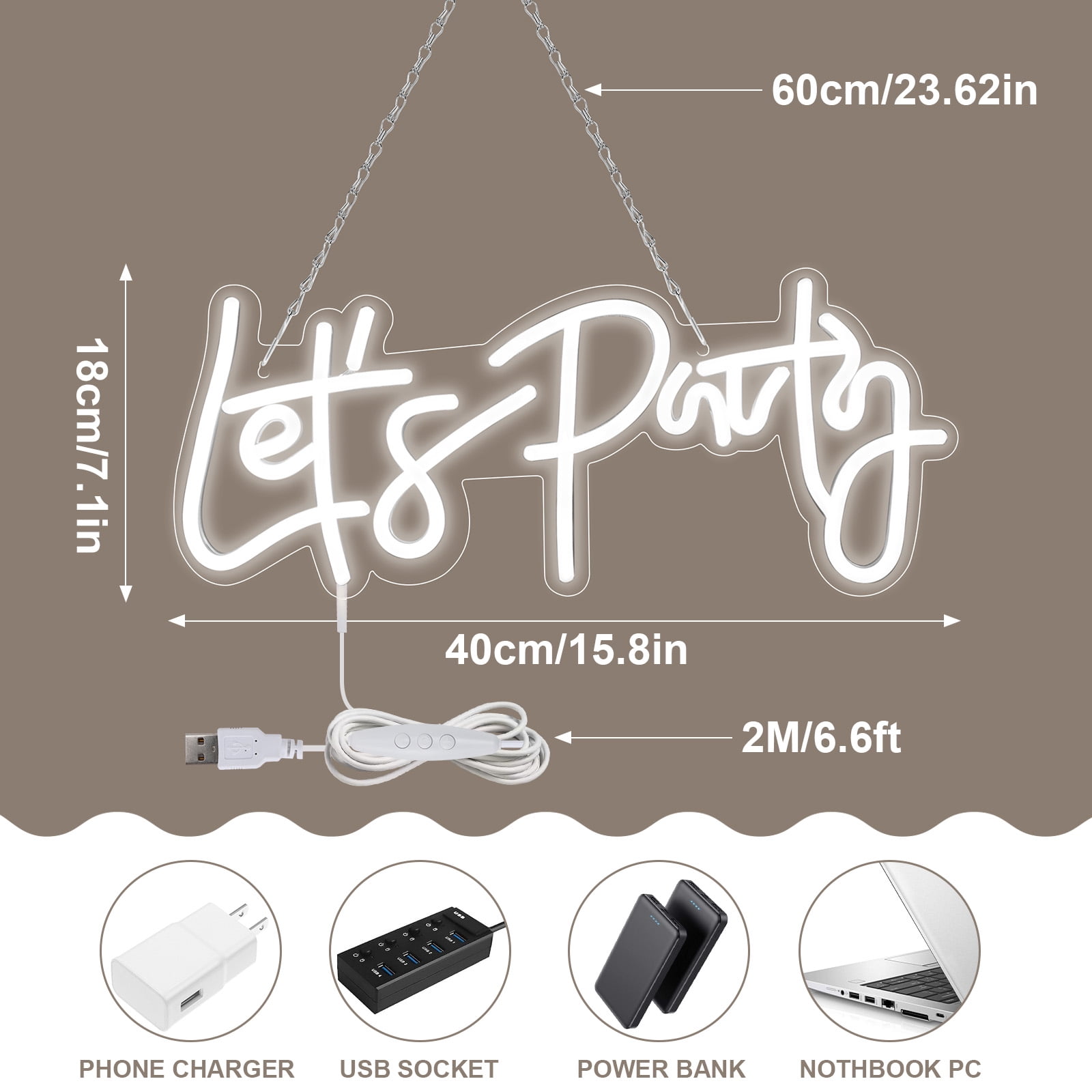 Laybasic Let's Party Neon Sign, Dimmable 15.8"x 7.1" LED Neon Signs for Wall Decor 5 Brightness USB Powered Light Up Signs for Wedding Birthday Party