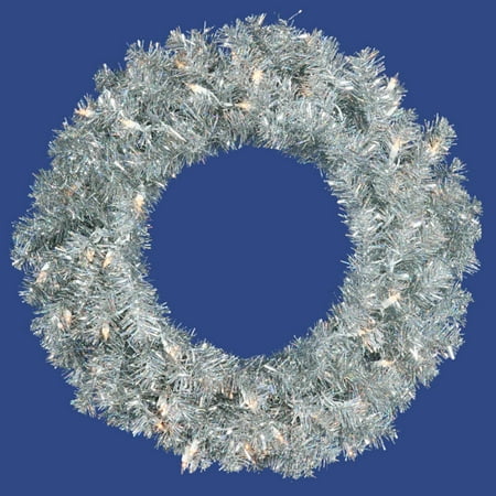 24" Pre-Lit Silver Sparkling Tinsel Artificial Christmas Wreath - Clear Lights