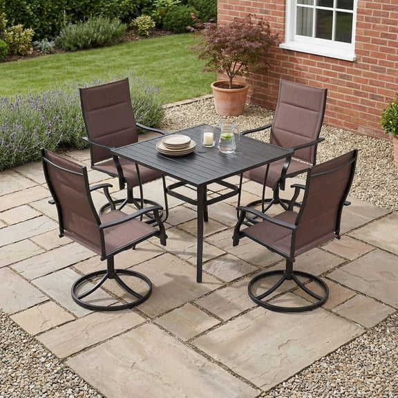 Resenkos 5-Piece Outdoor Dining Set with 4 360 Swivel Chairs and 36 Inch Square Table for Patio and Deck, Brown